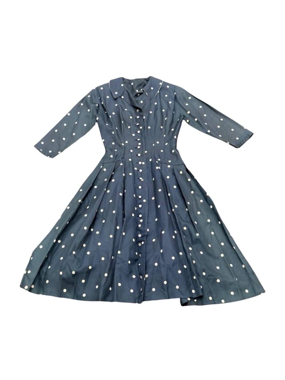 Vintage 1940s 1950s Polka Dot Full Skirt Dress Blue Button Front